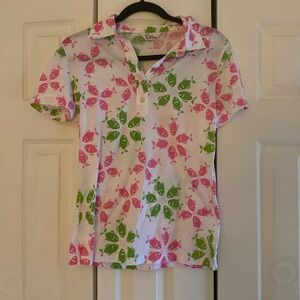 Lilly Pulitzer Pink, Green, and White Collared Short Sleeve Top.